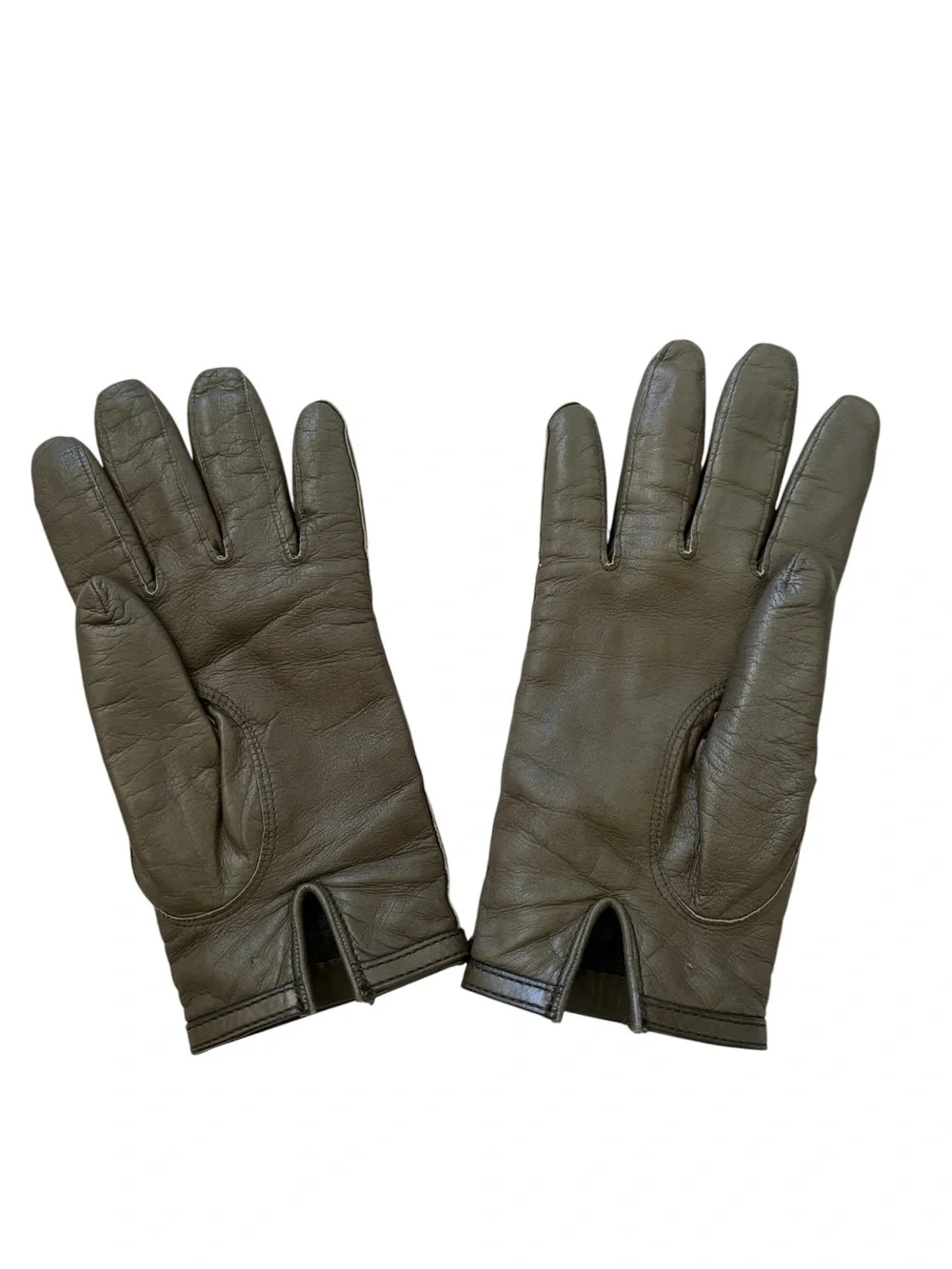 Gucci Olive Green Leather Cashmere Lined Interlocking G Charm Gloves Size 7.5